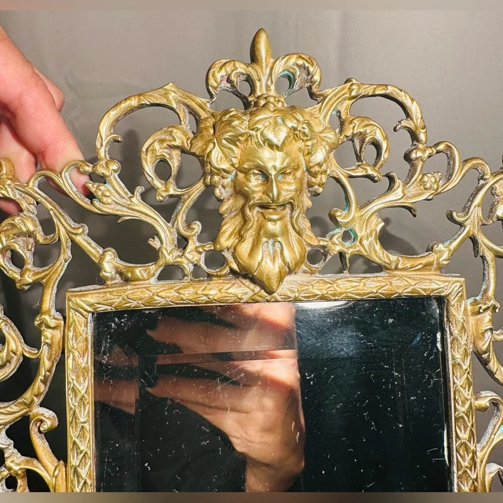 Antique 19th c. Victorian Brass Wall Mirror with Bacchus Face And Ornate Design